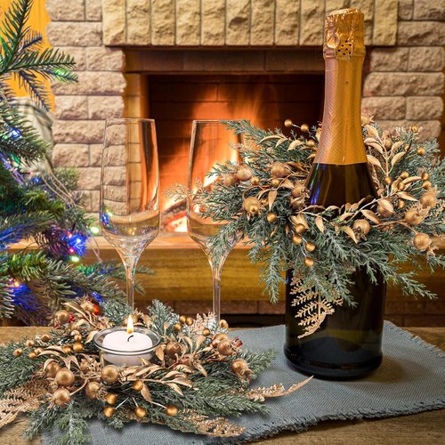 Cindeer Christmas Candle Rings - 6 Pcs Gold Berry Wreaths for 8.4 Inch Pillar Candles | Festive Table Decor