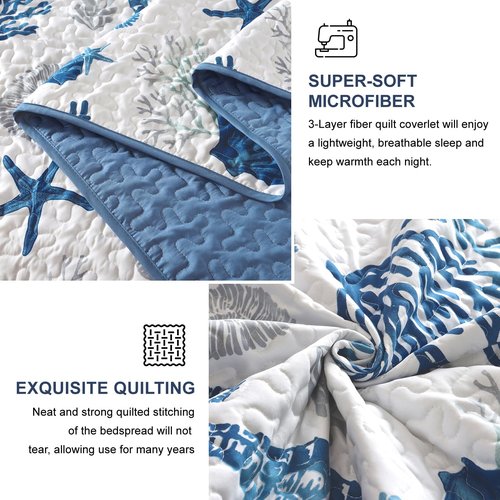 Djoymock Coastal Quilt Set Queen Size 3 Pcs, Summer Blue Beach Theme Quilts with Pillowcases Reversible Microfiber Ocean Bedding Set Nautical Bedspreads Coverlet Lightweight Comforter for All Season
