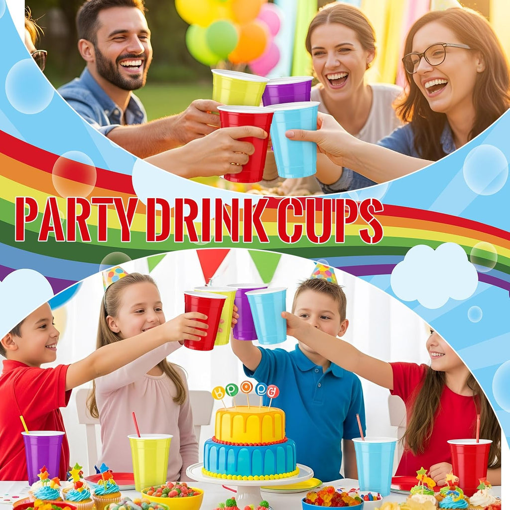 Reallnaive 100 Pcs 12 oz Rainbow Color Disposable Plastic Party Cups - Durable & Lightweight for Events