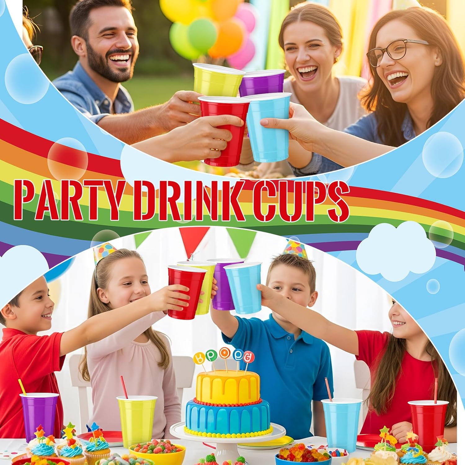 Reallnaive 100 Pcs 12 oz Rainbow Color Disposable Plastic Party Cups - Durable & Lightweight for Events