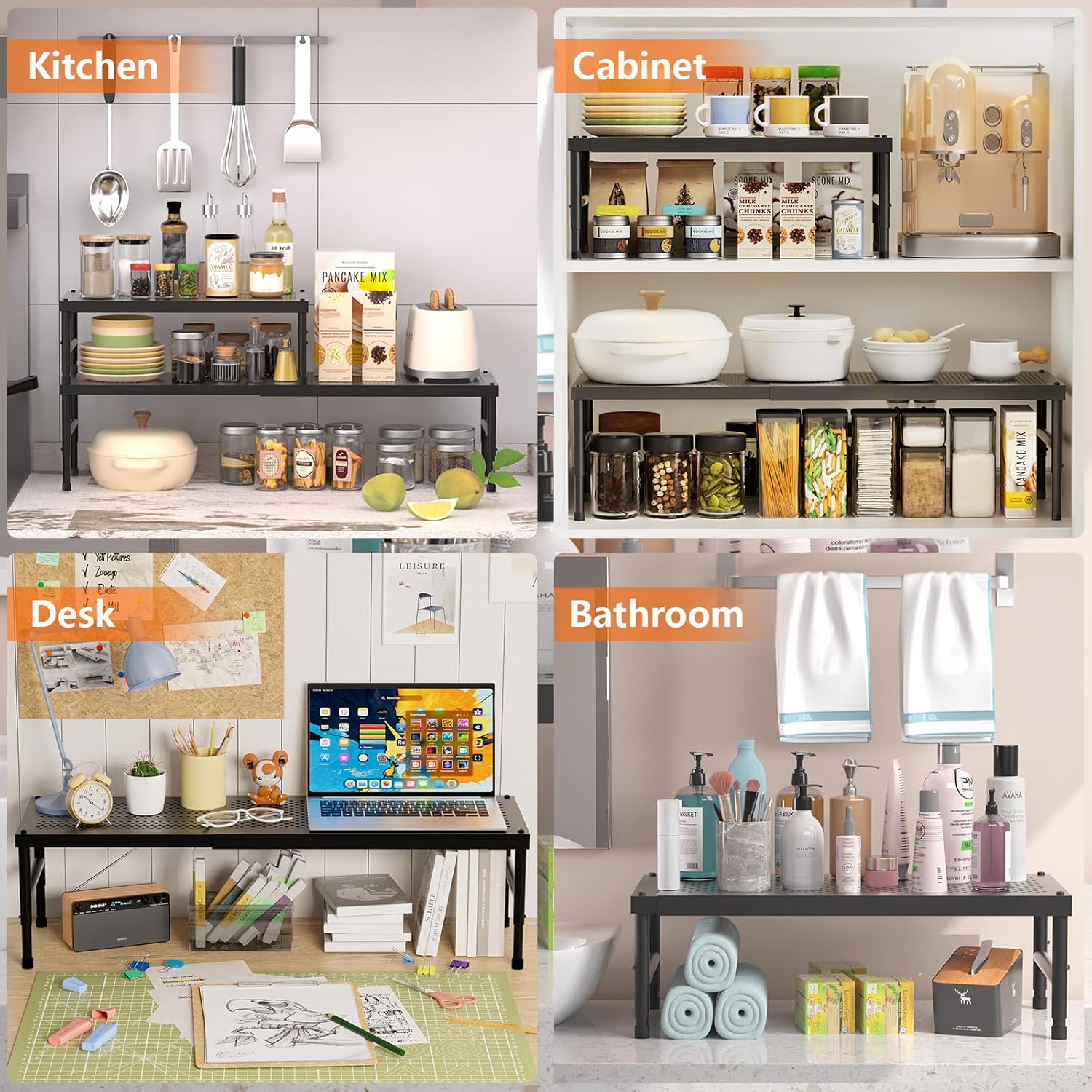 Skiennix Expandable Kitchen Organizer - Adjustable Spice Rack & Counter Shelf | Heavy-Duty Metal Storage for Cabinets & Pantry