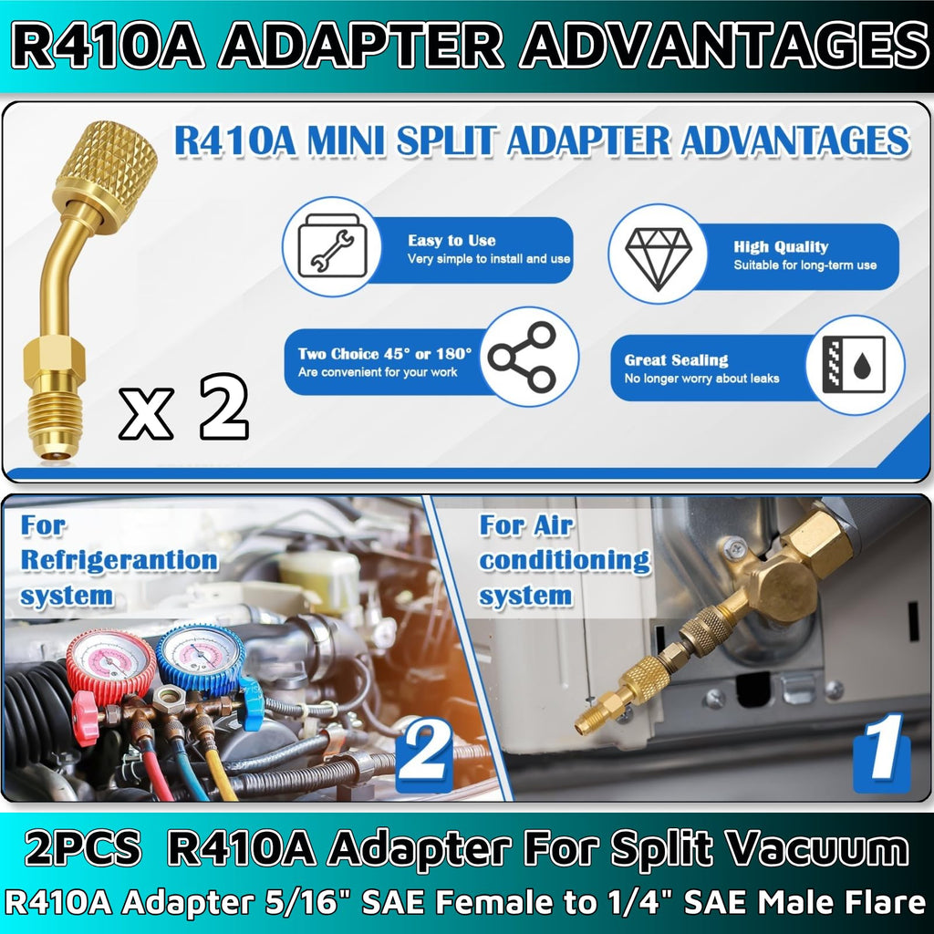 R410a Adapter Mini Split Adapter, 5/16 To 1/4 HVAC for Air Conditioner & Hose Connectors HVAC Tools for R410a Refrigerant Mini Split Recharging & More（2PCS 45°Angle)