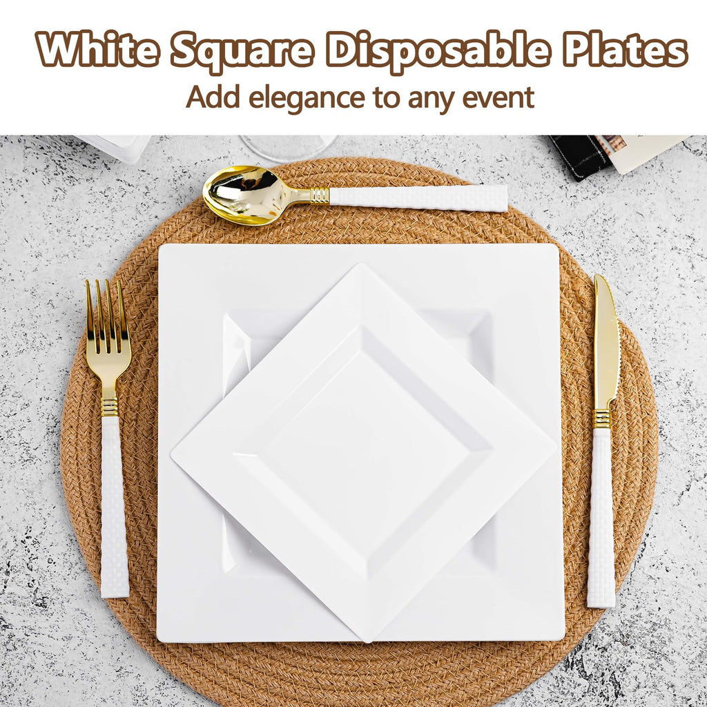 Pryntono 100 Pack White Square Plastic Plates, Includes 50 Dinner Plates 9.5" and 50 Dessert Plates 6.5", Heavy Duty Disposable Plates for Wedding, Holiday Party, Birthday, White