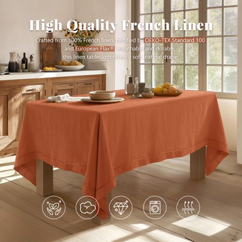 Linen World Fall Linen Tablecloth 120" x 60" Inch,French Linen Washable Rectangular Table Cloth for Dining,Outdoor,Weddings and Restaurants,Decorative Thanksgiving Christmas,Burnt Orange Hemstitch