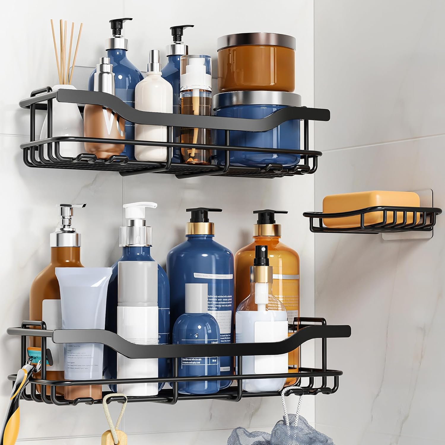 OMAIRA Shower Caddy - 3-Pack Rustproof Organizer with Soap Holder for Smooth Walls | Black, X-Large
