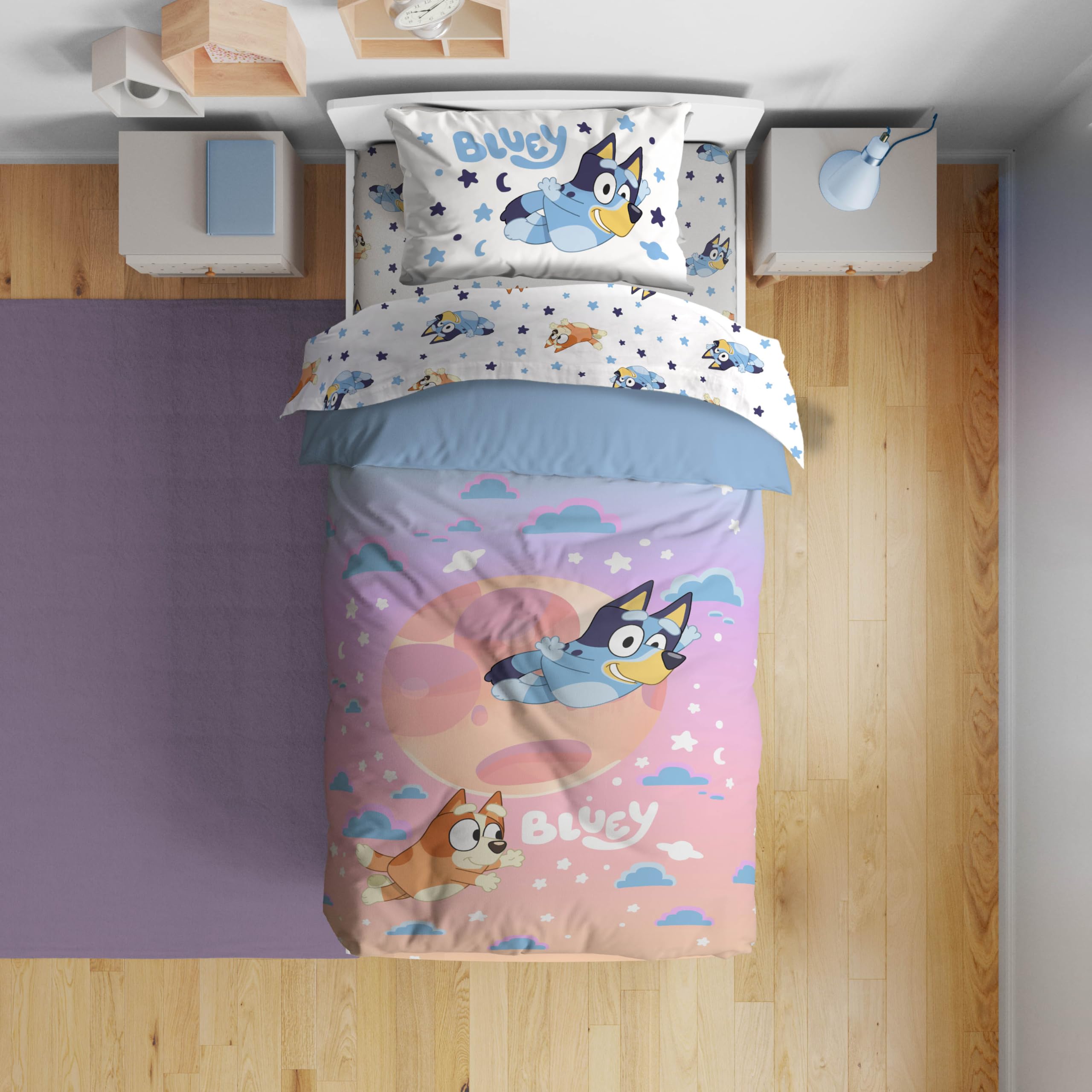 Jay Franco Bluey & Bingo Twin Comforter Set - 5 Piece Bed Set Includes Sheet Set & Pillow Covers - Super Soft Clouds & Stars Kids Bedding