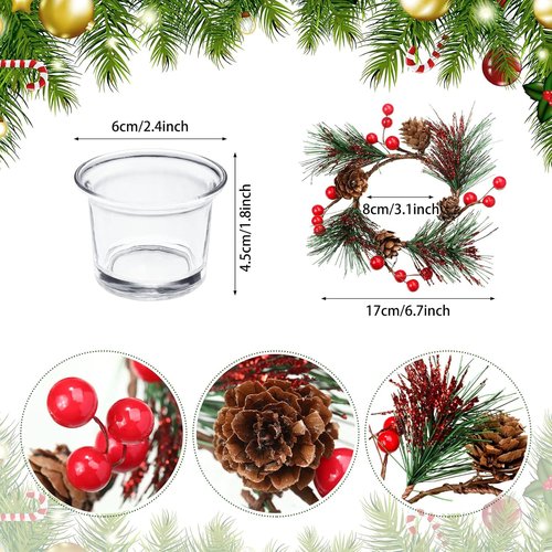 Dingion Christmas Candle Rings Set - 8 Pieces with Berry and Pinecone Holders for Votive Tapers
