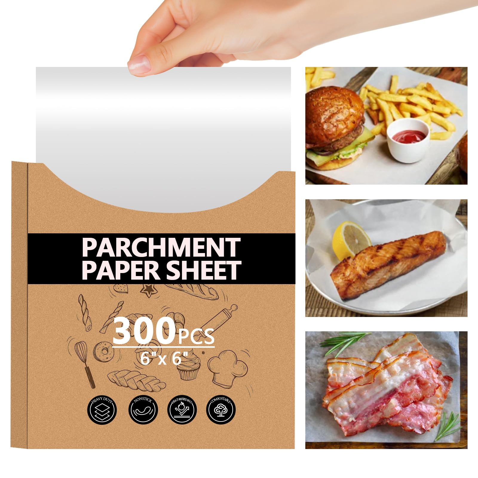 300PCS Thickened Precut Parchment Paper Sheets, 6×6 In Non-Toxic Burger Paper Sheet，Heavy Duty Burger Patty Paper for Baking, Grilling, Seperating Patty, Comes in Convenient Packaging, White