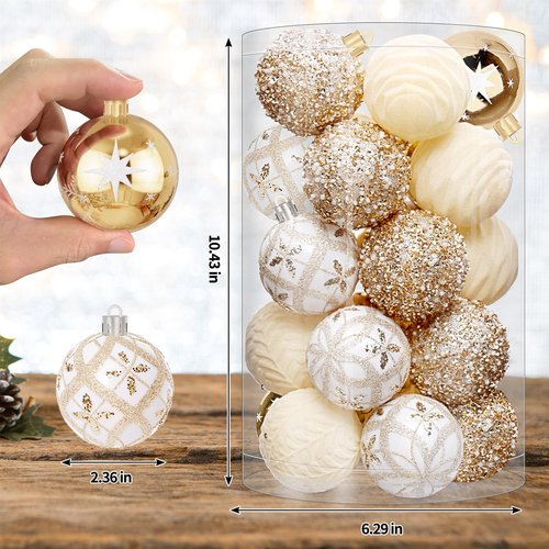 EverMerry 25 Pcs Christmas Ball Ornaments for Xmas Christmas Tree, Shatterproof Hanging Ball for Party Outdoor Decorations, DIY Craft Creations and Office Celebrations (Champagne White, 2.36")