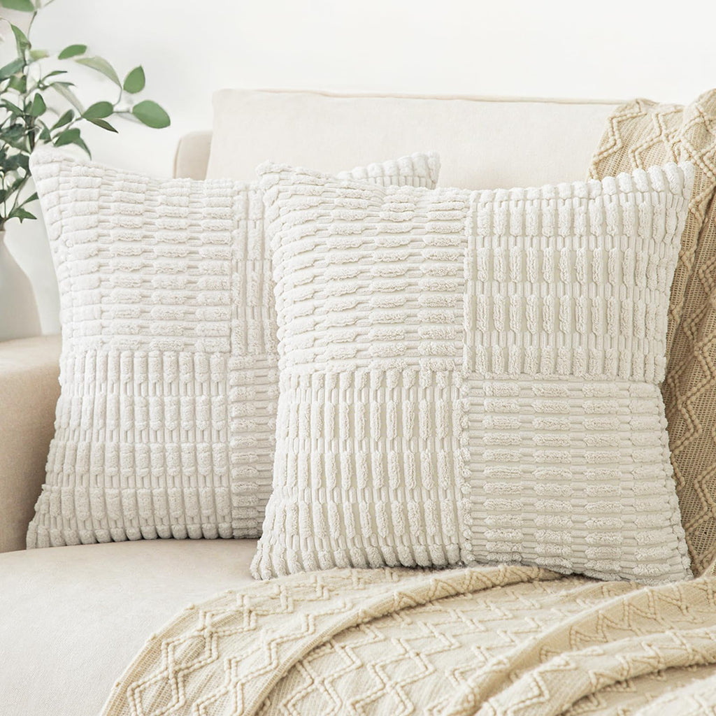 Softalker Spring 18x18 Throw Pillow Covers Cream, Set of 2 Soft Corduroy Boho Textured Modern Pillow Cases, White Decorative Cushion Covers for Couch Patio Living Room Sofa Easter Gift, Beige