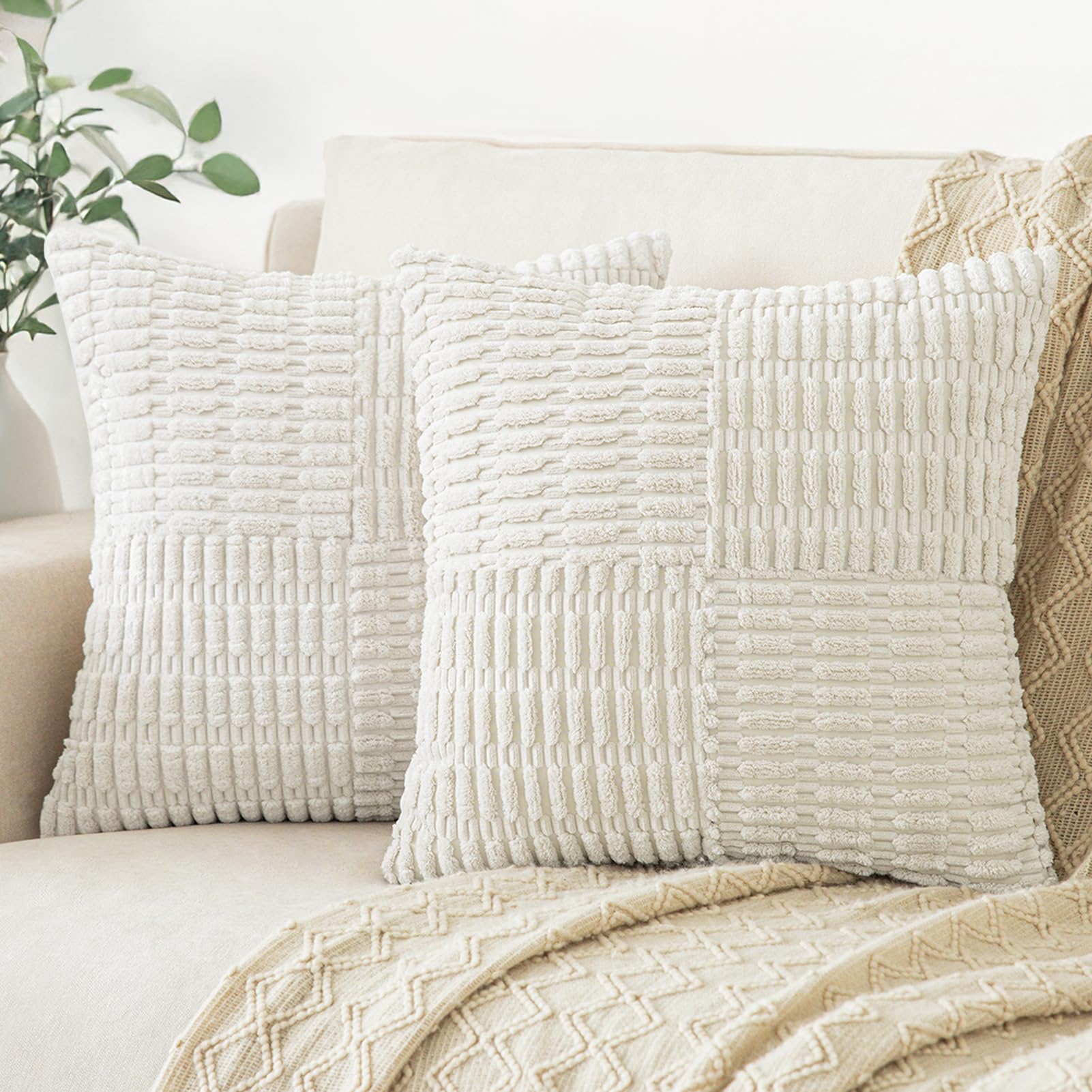 Softalker Spring 18x18 Throw Pillow Covers Cream, Set of 2 Soft Corduroy Boho Textured Modern Pillow Cases, White Decorative Cushion Covers for Couch Patio Living Room Sofa Easter Gift, Beige