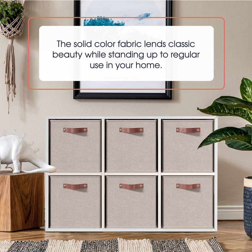 Ornavo Home Storage Cube Bins - Foldable Fabric Organizer with Leather Handles | 13x13, Beige, 6 Pack