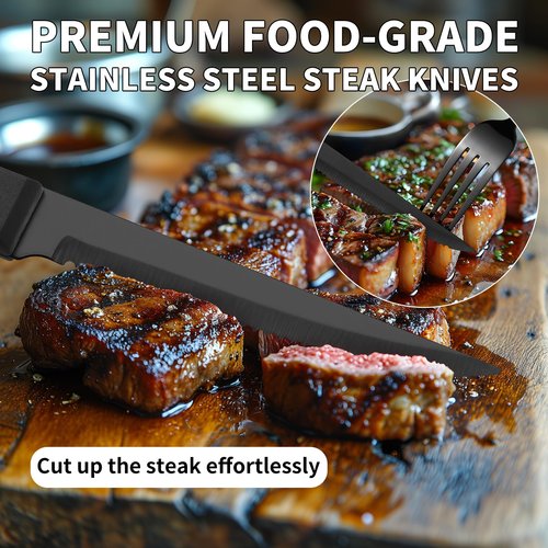 24-Piece Black Silverware Set with Steak Knives Black Stainless Steel Flatware Set for 4 Food Grade Tableware Cutlery Set Rust-proof, Mirror Polished, Dishwasher Safe