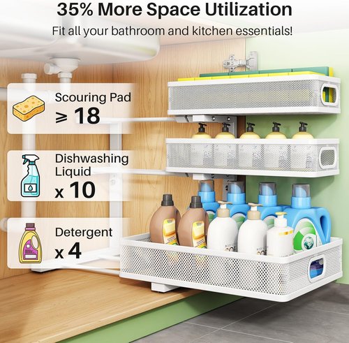Kitstorack Under Sink Organizer - 2-Pack Adjustable 3-Tier Metal Storage Shelf | Ideal for Bathroom & Kitchen