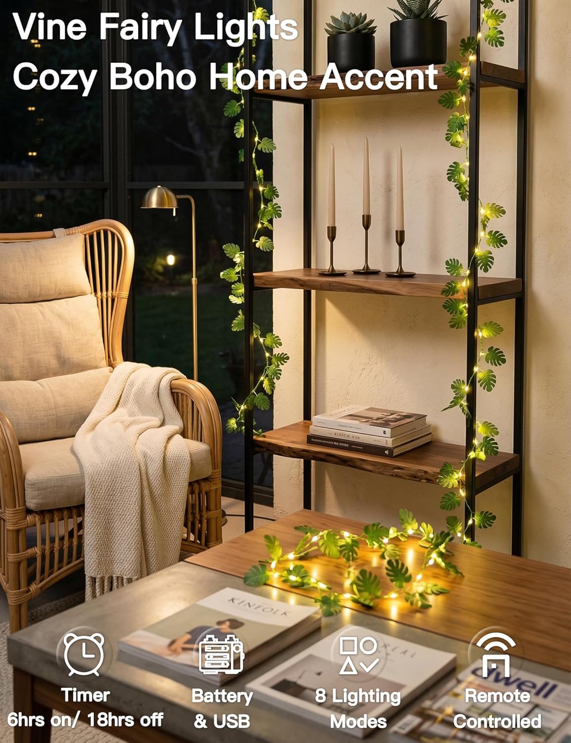 Suddus Vines String Lights - 33ft 100 LED Monstera Leaves | Battery & USB Powered with Remote for Indoor Tropical Decor