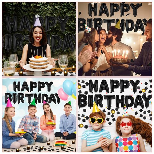 Charnoel Black Happy Birthday Balloons Decorations Happy Birthday Letter Balloons Banner Set with 24pcs Round Flameless LED Candles and 2000pcs Artificial Rose Petals for Women Men Room Party Decor