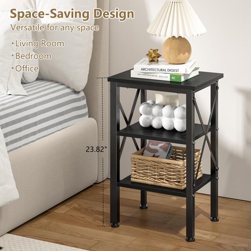 VECELO End Table, 24" Tall Living Room Side Tables, X-Design Reinforced Bedside Table, Nightstands with 3-Tier Storage Shelves for Small Spaces, Office, Bathroom, Bedroom, Classic Black, 1 Pack