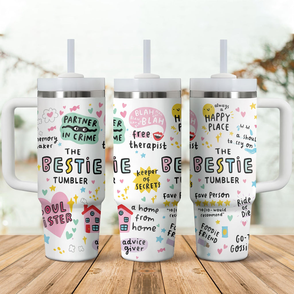 Gossby Bestie Gift for Women - 30oz THE BESTIE TUMBLER - Friend Tumbler for Women - Christmas, Birthday, Friendship Gifts - Funny Best Friend Gift - Stainless Steel Insulated Travel Mug with Handle