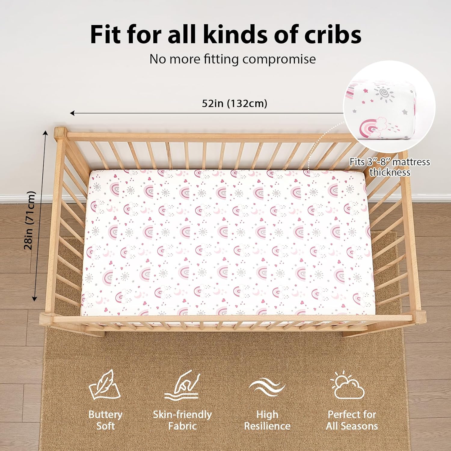 Skiennix Baby Crib Sheets - 3 Pack Fitted Toddler Bed Sheets, Super Soft Microfiber, Pink Rainbow | 52”x28”