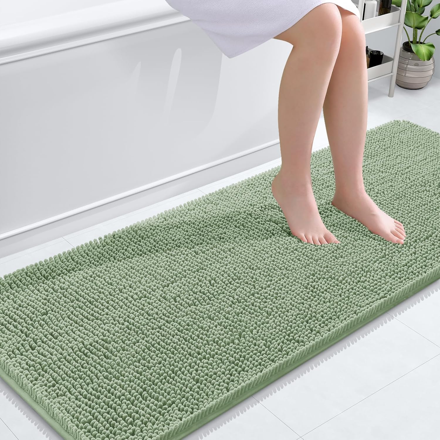 OLANLY Bathroom Runner Rugs - Soft Absorbent Chenille with Rubber Backing | 59x24 Inches, Sage Green