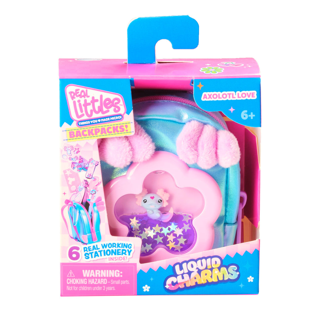 REAL LITTLES Liquid Charms, 1 Liquid Filled Micro-Sized Backpack with Window & Tiny Animal Charm Bobbing Inside, Reveal 6 Cute Tiny Animal Themed Stationery Surprises - Styles May Vary
