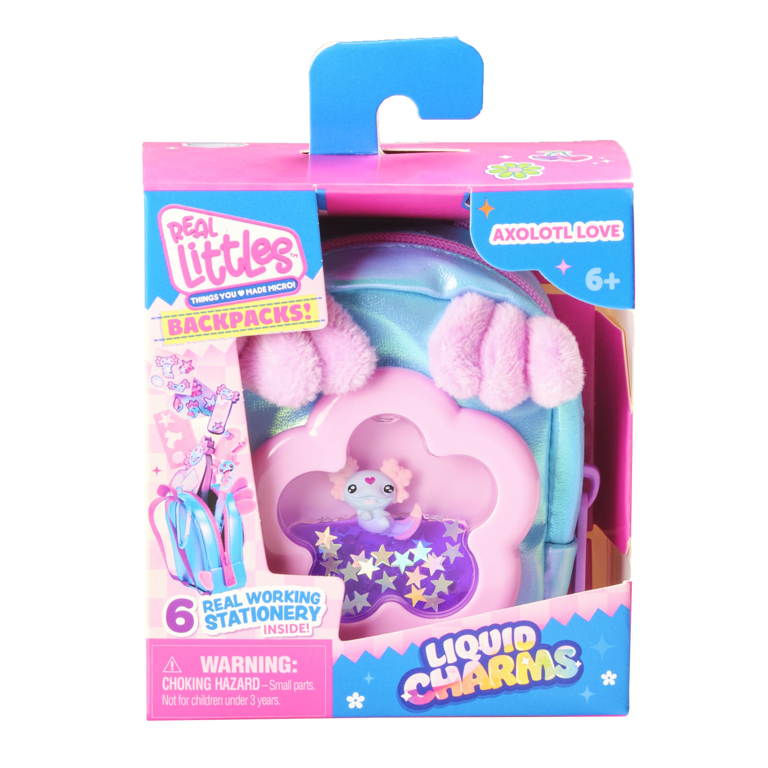 REAL LITTLES Liquid Charms, 1 Liquid Filled Micro-Sized Backpack with Window & Tiny Animal Charm Bobbing Inside, Reveal 6 Cute Tiny Animal Themed Stationery Surprises - Styles May Vary