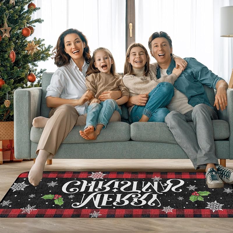Santa Claus Christmas Kitchen Rugs Set of 2 16x24 & 16x48 Inches Plush Velvet Non-Slip