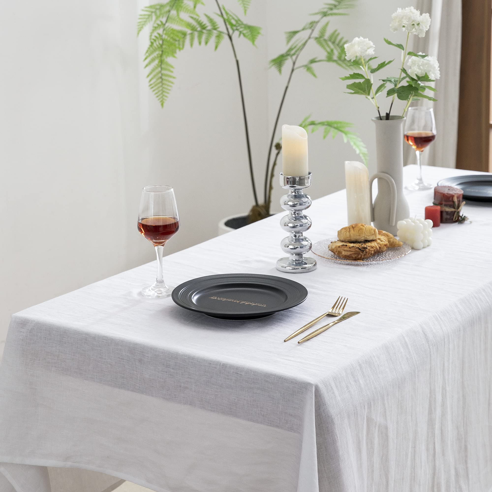 EVERLY 100% Pure Linen Rectangle Tablecloths 60x84Inches for Dining, Buffet Parties, Picnic,Events, Weddings and Restaurants, Decorative Halloween, Thanksgiving Machine Washable Tablecloths-White