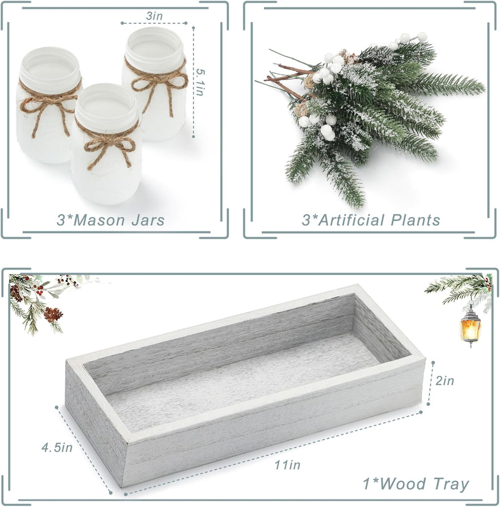 Supreme Lights Christmas Mason Jars - Winter White Decorative Centerpieces for Home Table Decor | Set of 3 with Wood Tray