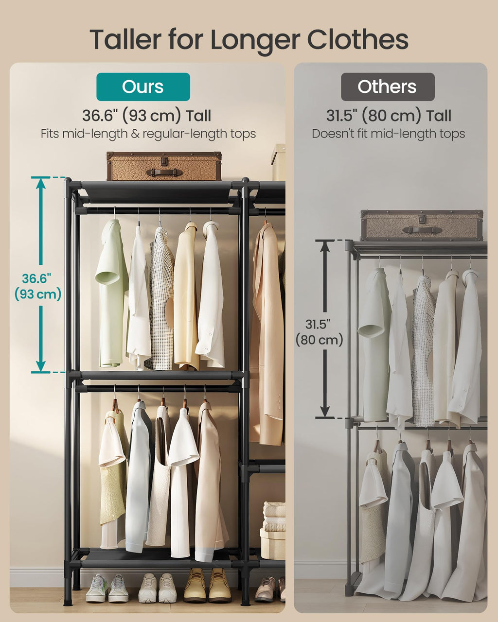 SONGMICS Clothes Rack, Portable Closet, Heavy-Duty Wardrobe Closet Organizer with Hanging Rails and Shelves, 79.9 Inches Tall, Total Load 297 lb, Easy Assembly, for Bedroom, Ink Black URDR212BZ01