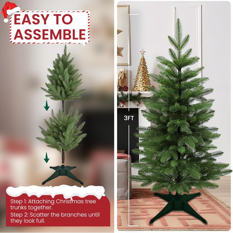 3FT Artificial Small Christmas Tree, Premium PE Tips, Easy Assembly Metal Hinges & Foldable Base, Mini Christmas Tree for Tabletop, Home, Office, Indoor and Outdoor Decor, Christmas Decoration