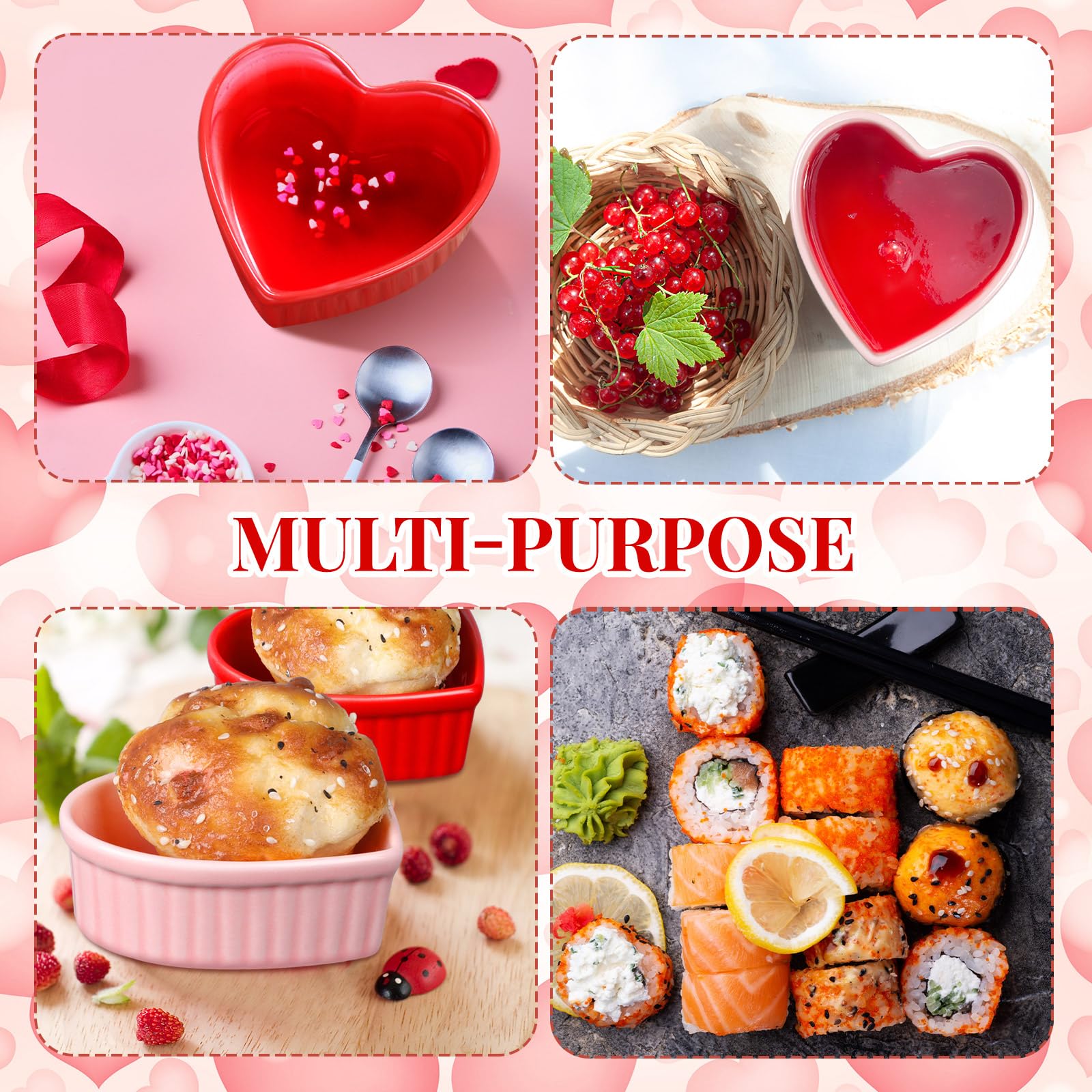Reallnaive 8 Pcs Heart Shaped Ramekin Creme Brulee Ramekins Oven Safe 3.54 x 3.54 x 1.57 Inch Heart Shaped Bowl Small Baking Ceramic Ramekins Dishes for Souffle Snacks Quiche Sauces(Pink and Red)