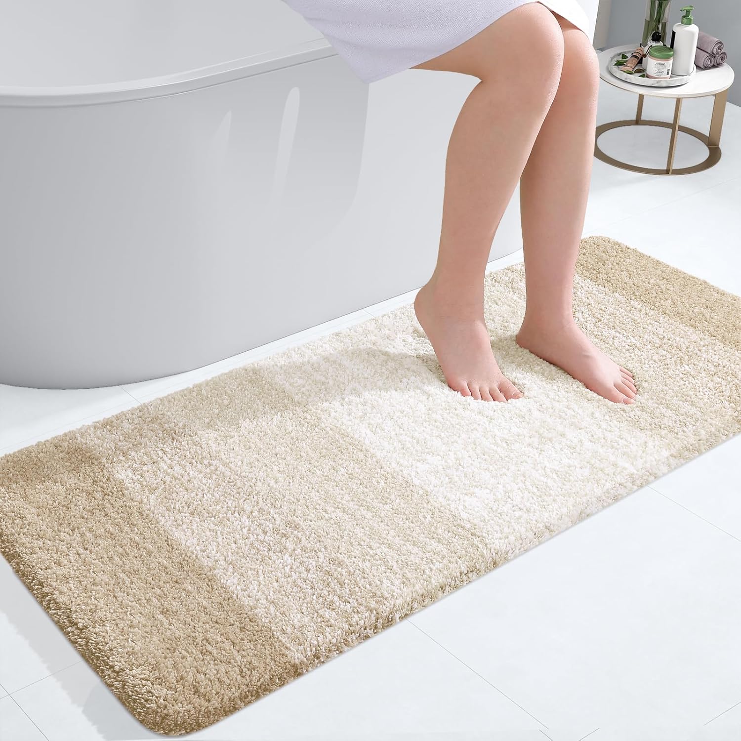 OLANLY Bathroom Runner Rug - Extra Soft Microfiber Mat with Rubber Backing | 47x20, Quick Dry, Light Beige