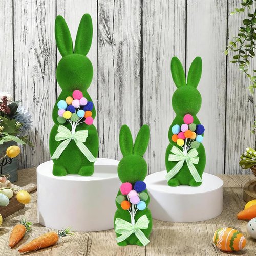 BrilliantJo Moss Bunny Figurines - Cute Spring Decor Gift Set of 3 (15", 13", 10") for Home & Garden