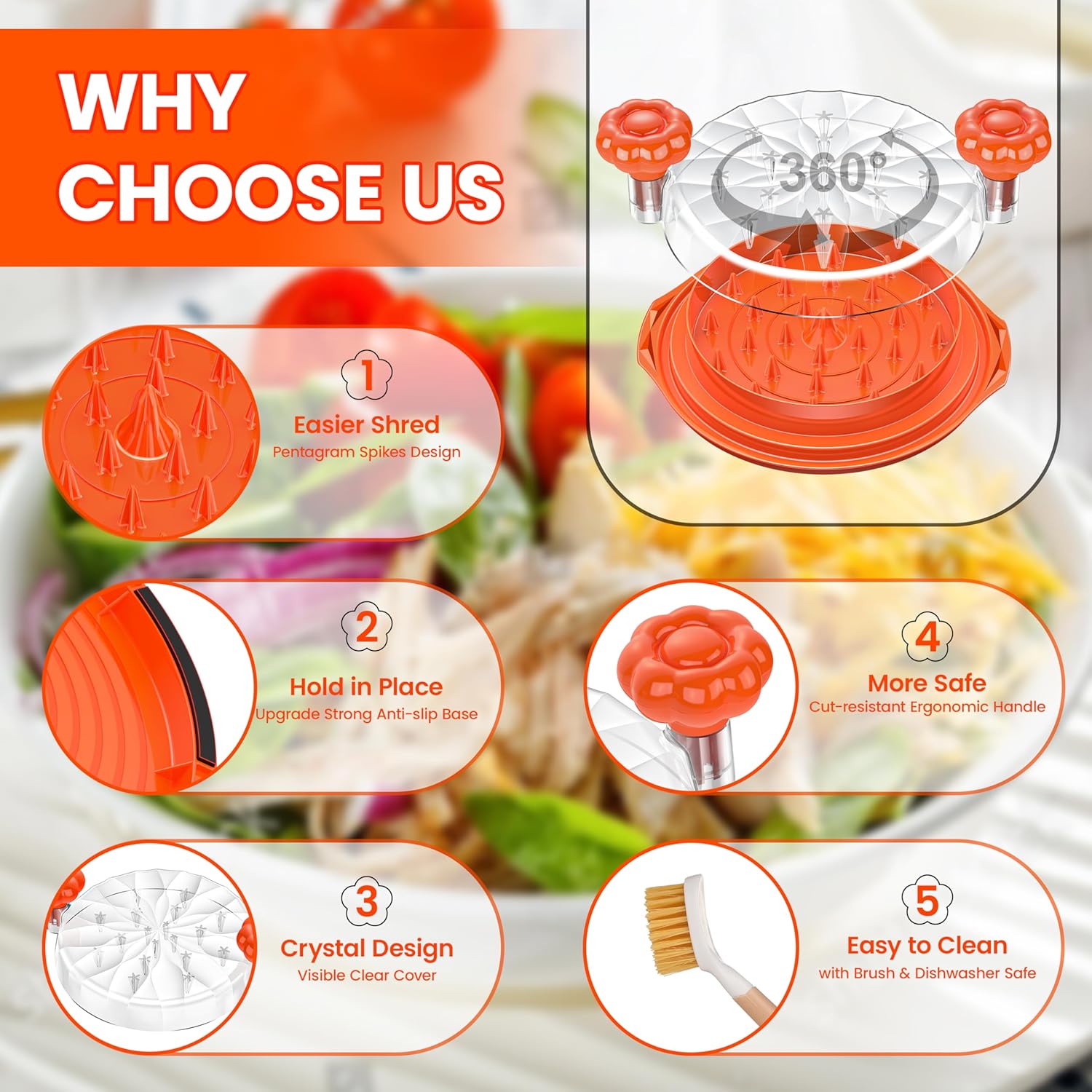 Skiennix Chicken Shredder Tool - 10'' Pro Meat Shredder with Ergonomic Handle & Anti-Slip Grip | BPA-Free (Orange)