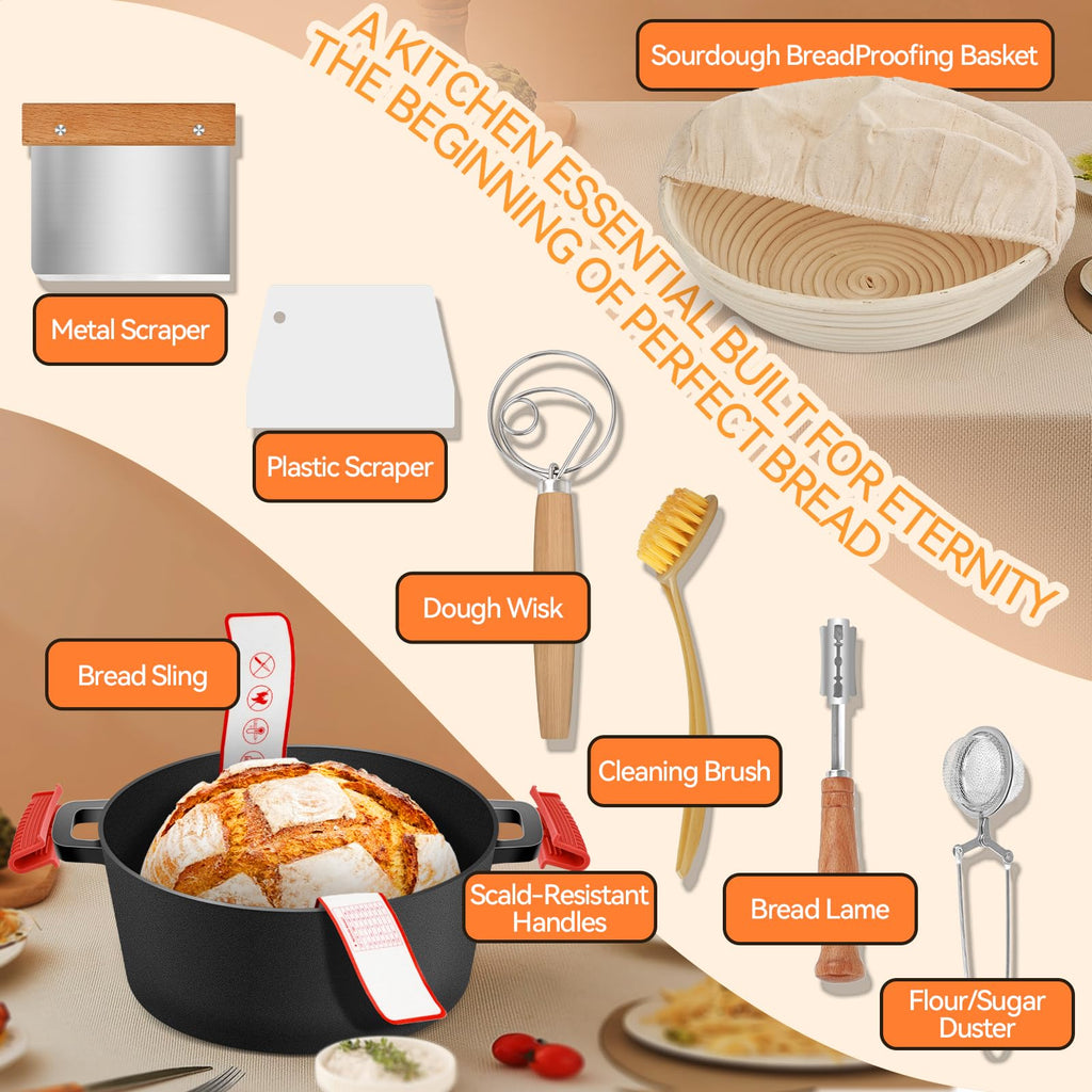 Rectangular Cast Iron Dutch Oven for Bread Baking, Cast Iron Sourdough Bread Pan with Lid Handles Lame, Even Heat Bread Baking Pan for Homemade Bread Cake Meatloaf, 3.2QT