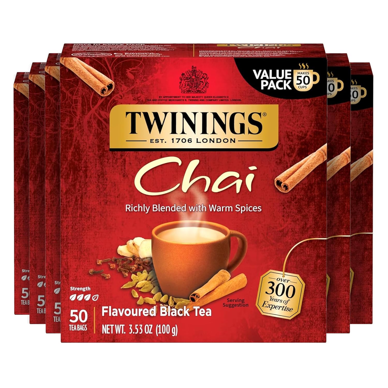 Twinings Chai Black Tea - Individually Wrapped Bags, 50 Count | Sweet & Savory Spices, Caffeinated