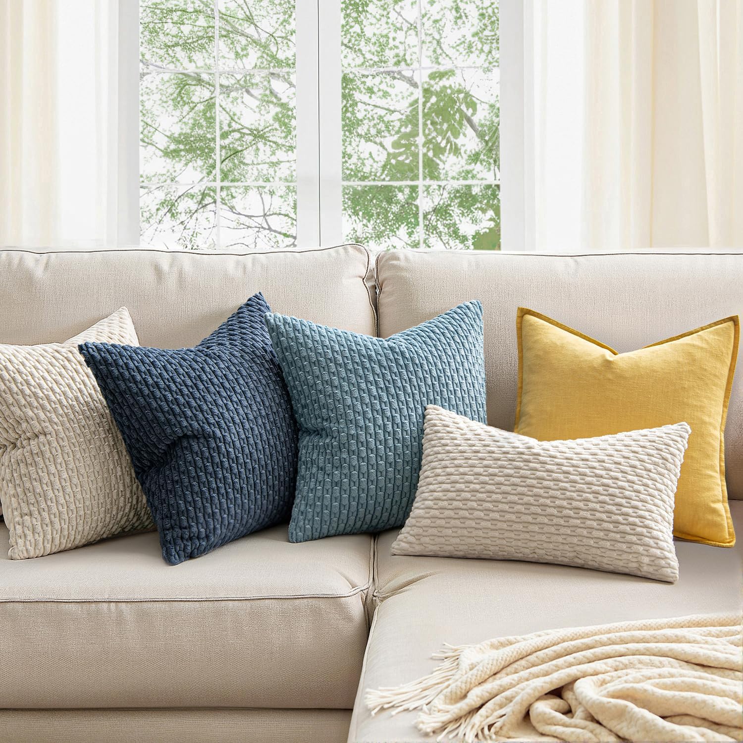 MIULEE Decorative Throw Pillow Covers - Soft Boho Striped Textured Corduroy | 18x18 Inch, Cream White