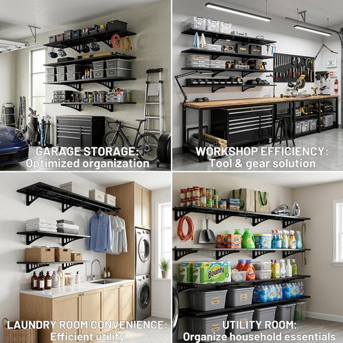 Heavy Duty Garage Shelving by [Brand Name] - 2-Pack 1.5x4ft Wall-Mounted Metal Racks with Install Kit & Hooks, Black