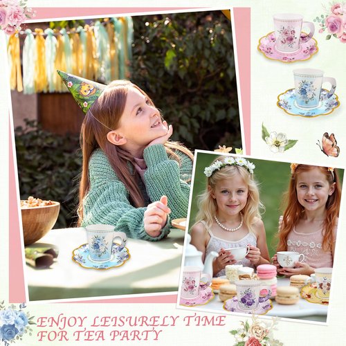 24 Sets Disposable Paper Tea Cups 7 OZ Floral Tea Party Cups with Handle and Plates Teacups and Saucer Sets for Baby Bridal Shower Wedding Birthday(Watercolor Style)