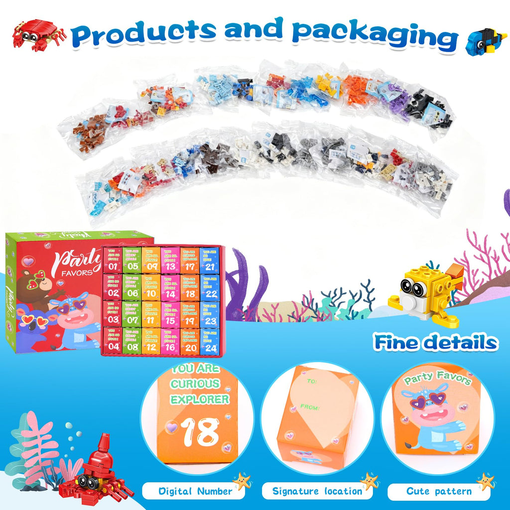 Giveuplay 24 Packs Party Favors for Kids, Ocean Mini Animals Toy Building Block Set for Easter Valentines Day Classroom Prizes Goodie Bag Stuffers Birthday Gifts for Boys Girls Ages 6-12+