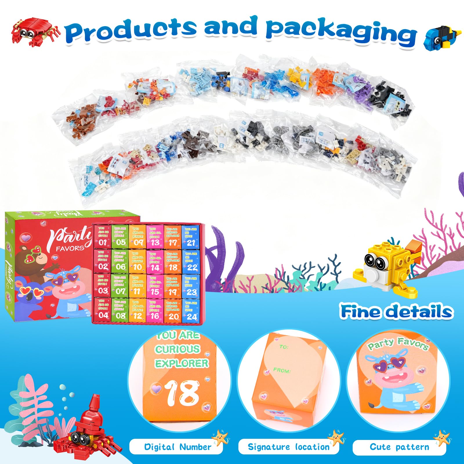 Giveuplay 24 Packs Party Favors for Kids, Ocean Mini Animals Toy Building Block Set for Easter Valentines Day Classroom Prizes Goodie Bag Stuffers Birthday Gifts for Boys Girls Ages 6-12+