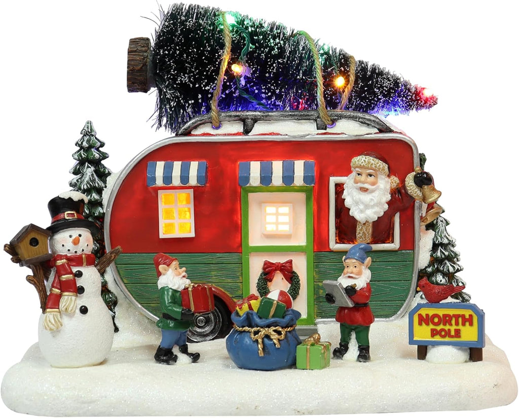 Moments In Time Christmas Village Lighted Camper Scene - 7.3” Hand-Painted Polyresin with LED Lights & Music