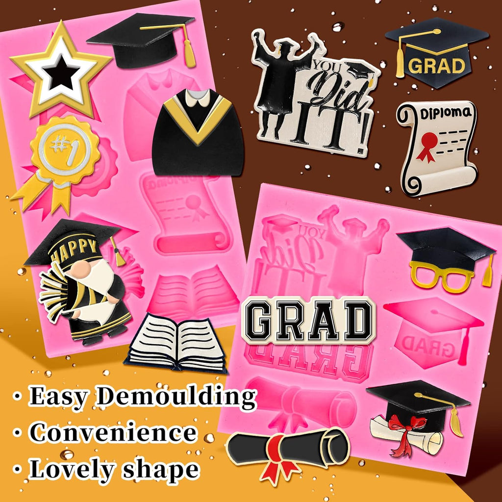 Whaline 2Pcs Graduation Fondant Molds - 3D Silicone Moulds for Caps & Scrolls | Perfect for 2026 Party Baking