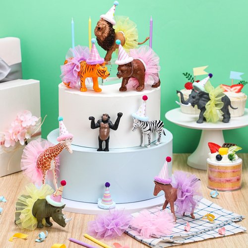 Weysat 27 Pcs Jungle Animal Cake Topper Animals Figures Birthday Party Decorations with Mini Hat with Pom Poms Jungle Toppers Decoration with Mini Skirt and Hat for Wild Animals Themed Party