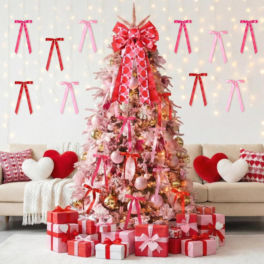 CEELGON Valentines Day Decorations Large Pink and Red Valentine Tree Topper Bow & 12 Pcs Long Satin Ribbon Bows Ornaments Wreath for Holiday Home Wall Decor