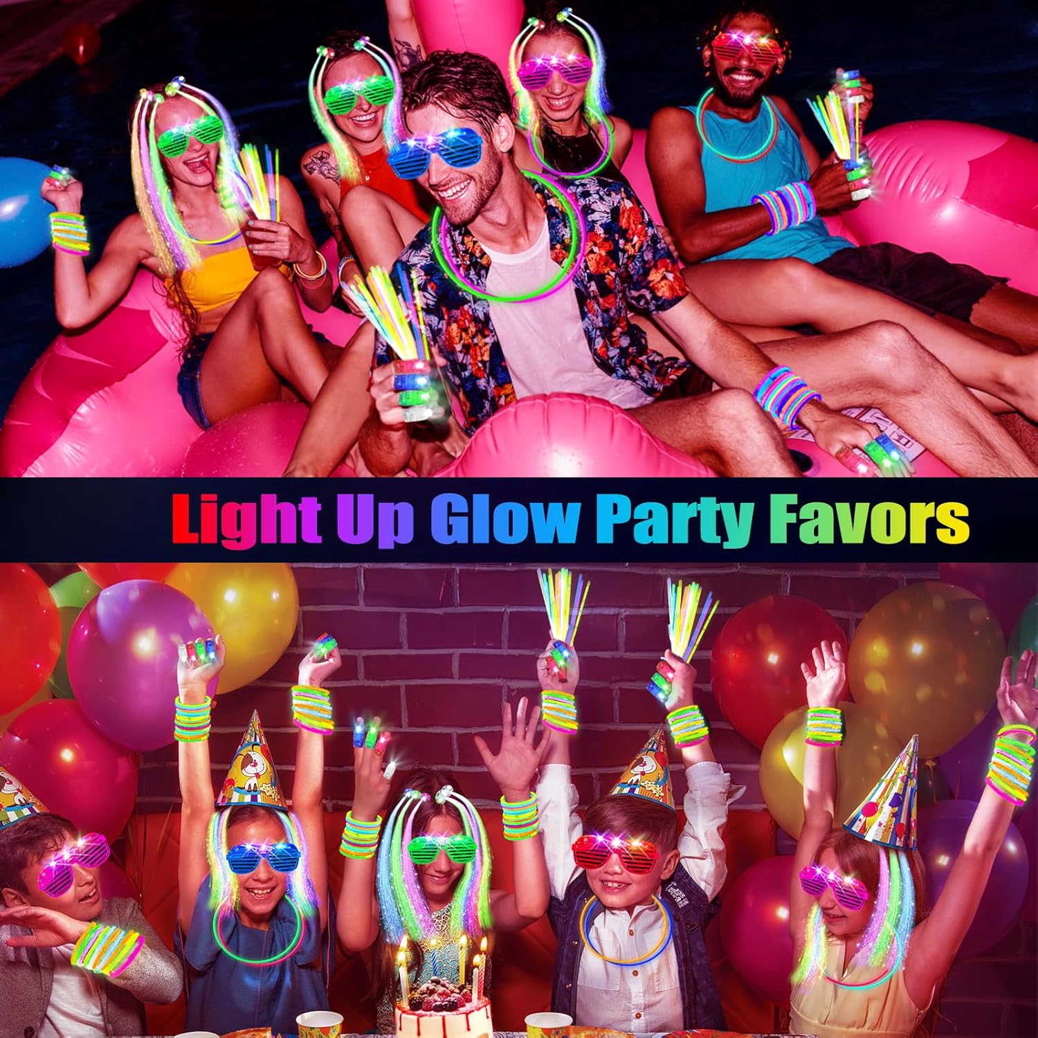 SHQDD Glow in the Dark Party Supplies - 158 PCS Set with LED Glasses, Finger Lights & Glow Sticks