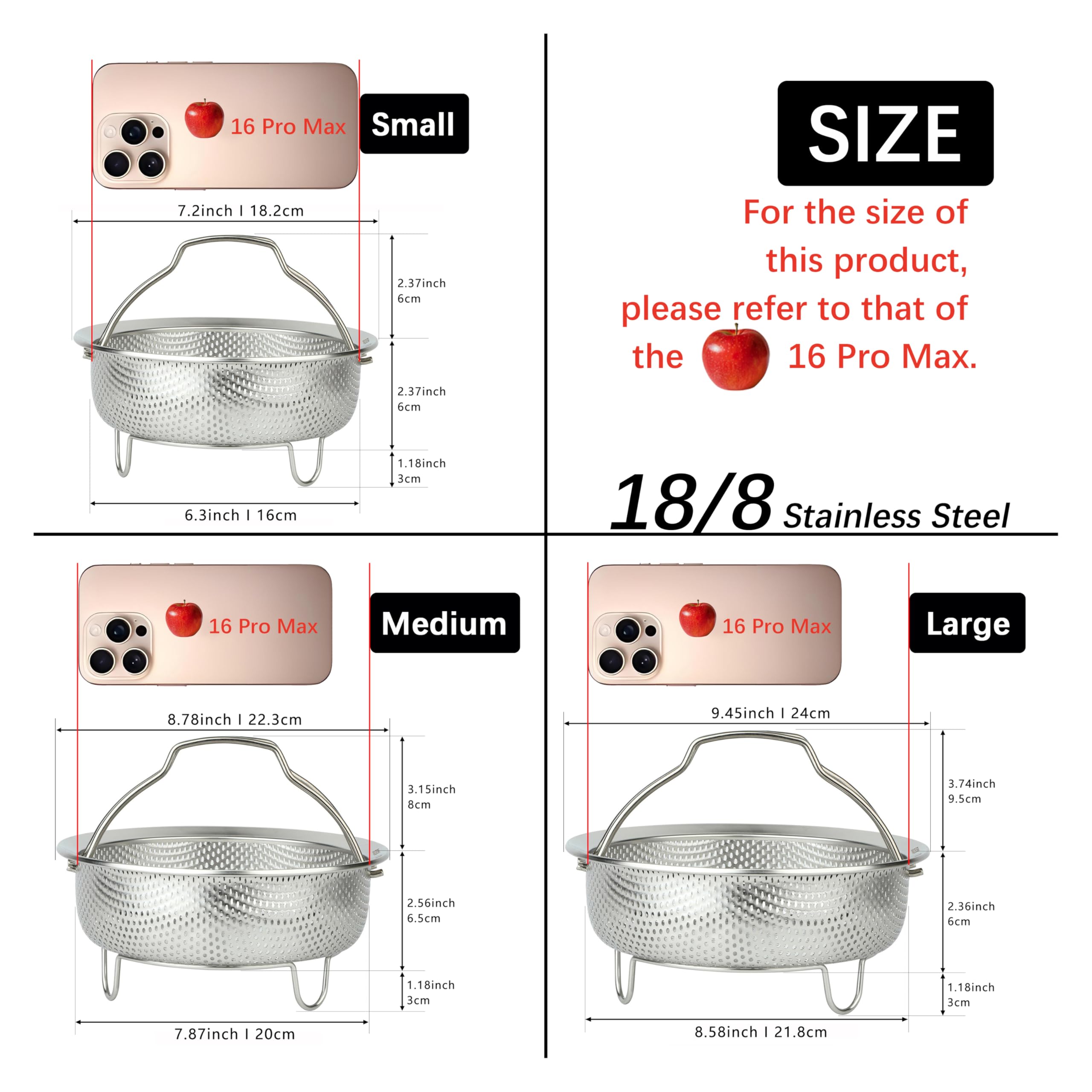 ICEICE Stainless Steel Steamer Basket - Vegetable & Dumpling Steamer Insert for Pots, Instant Pot Accessories with Handles & Feet, Multi-Purpose Mesh Strainer for Cooking, Fruits (Silvery, Large)