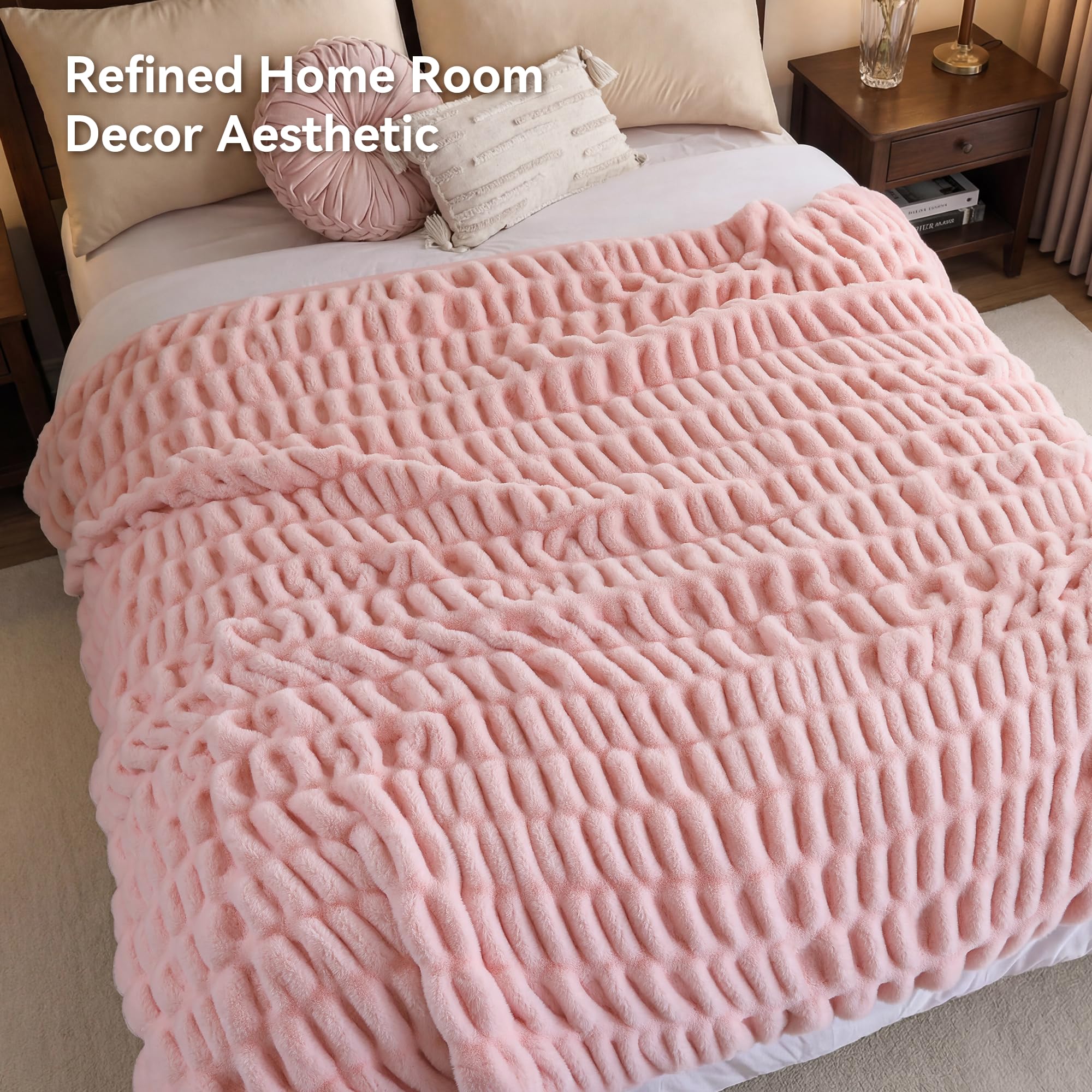 Smoofy Blush Pink Throw Blanket for Couch – Luxury Faux Rabbit Fur Blanket, Ultra Soft Fluffy Plush Fuzzy, Lightweight Warm Cozy Blanket for Bed Sofa, Aesthetic Room Decor Gift for Women 50"x60"