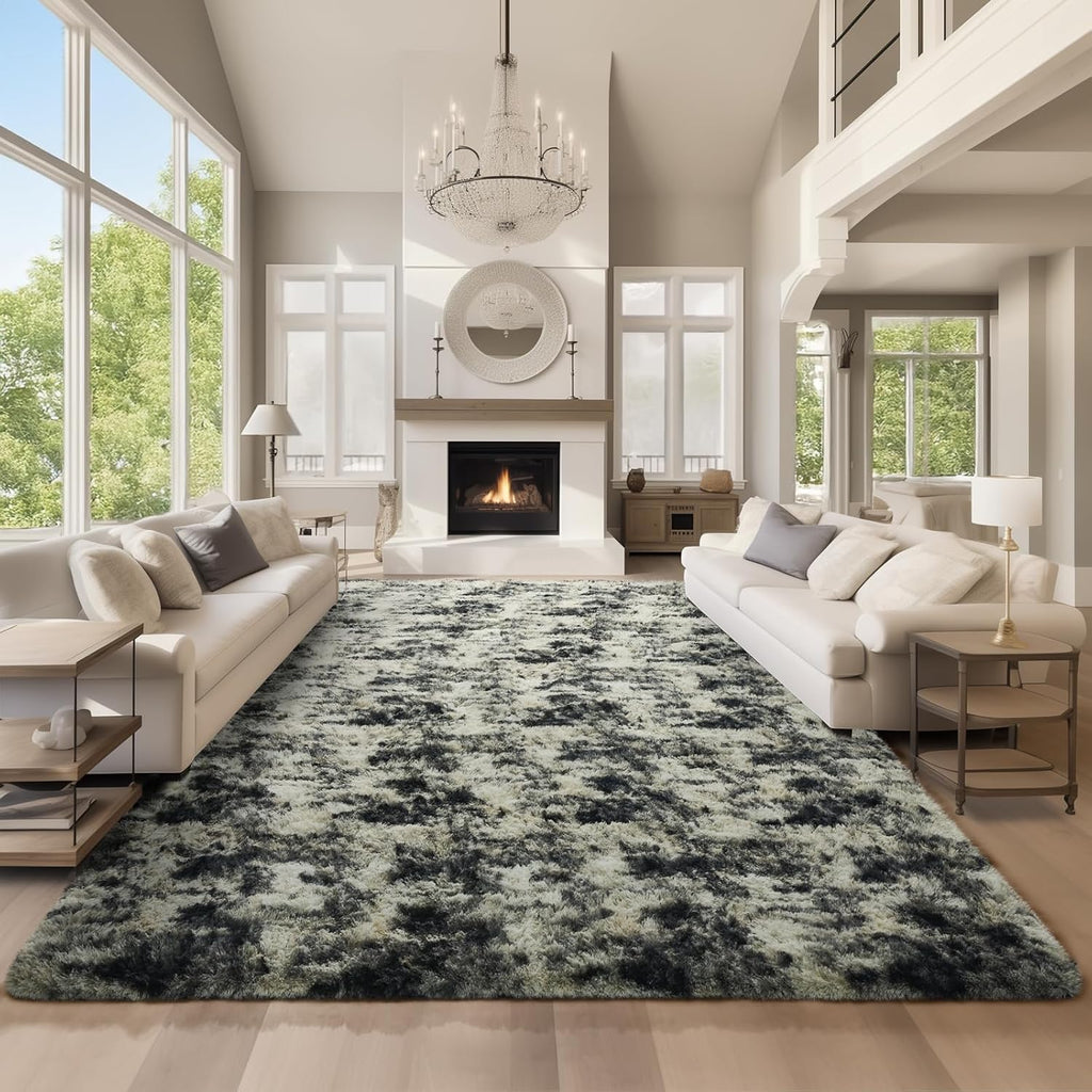 Ophanie Area Rugs - Black, Gold & Grey Fluffy Shag Carpet for Living Room | 9x12 Soft Plush Design
